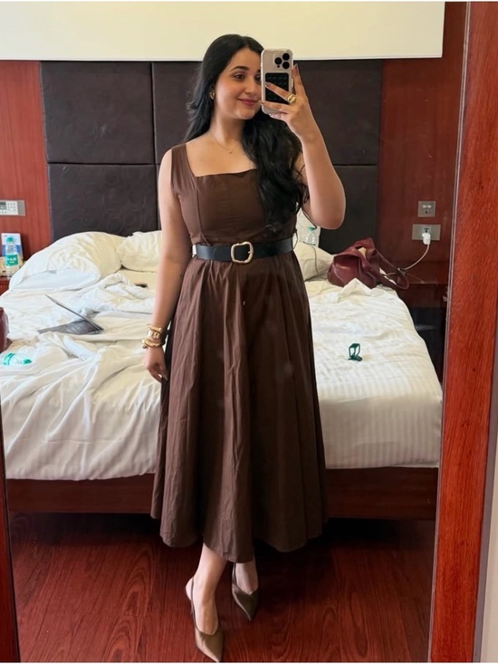 Zara Dresses & Skirts - Zara Chocolate Brown Square-Neck Midi Dress with Belt